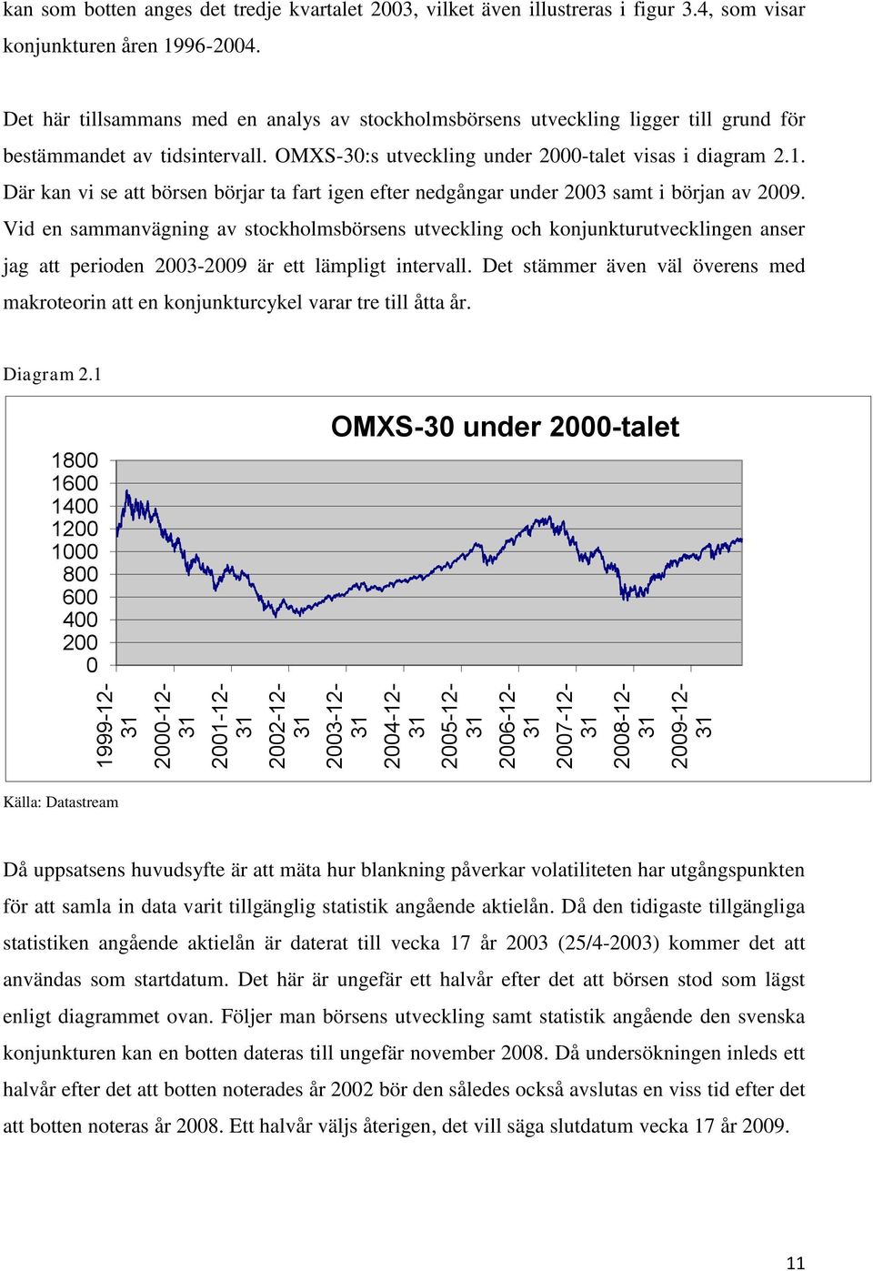 OMXS-30:s utveckling under 2000-talet visas i diagram 2.1. Där kan vi se att börsen börjar ta fart igen efter nedgångar under 2003 samt i början av 2009.