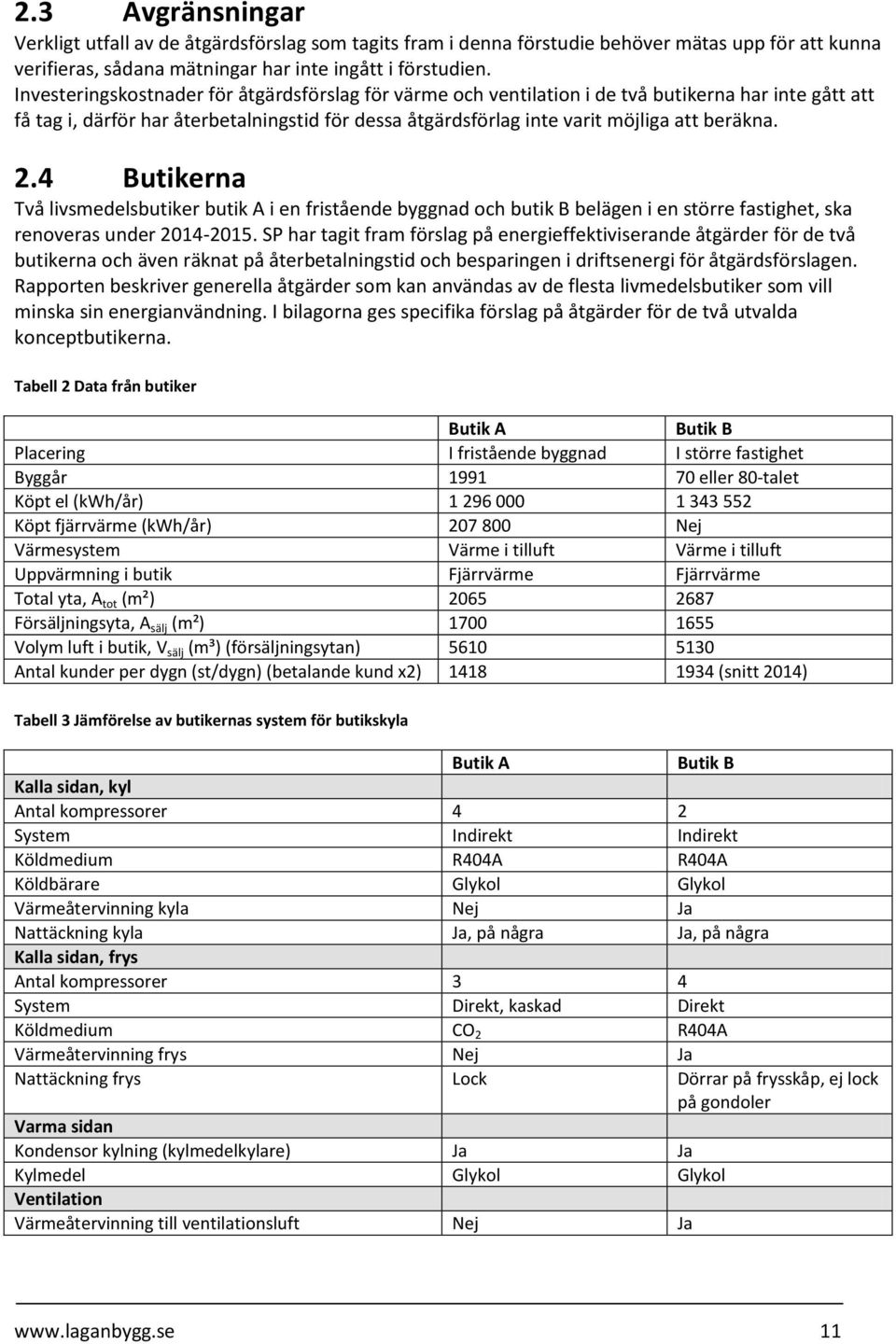 2.4 Butikerna Två livsmedelsbutiker butik A i en fristående byggnad och butik B belägen i en större fastighet, ska renoveras under 2014-2015.