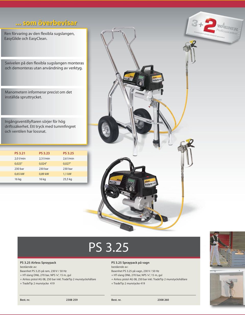 23 PS 3.25 2,0 l/min 2,3 l/min 2,6 l/min 0,023" 0,024" 0,027" 230 bar 230 bar 230 bar 0,65 kw 0,89 kw 1,1 kw 16 kg 16 kg 25,5 kg PS 3.25 PS 3.25 Airless Spraypack Basenhet PS 3.