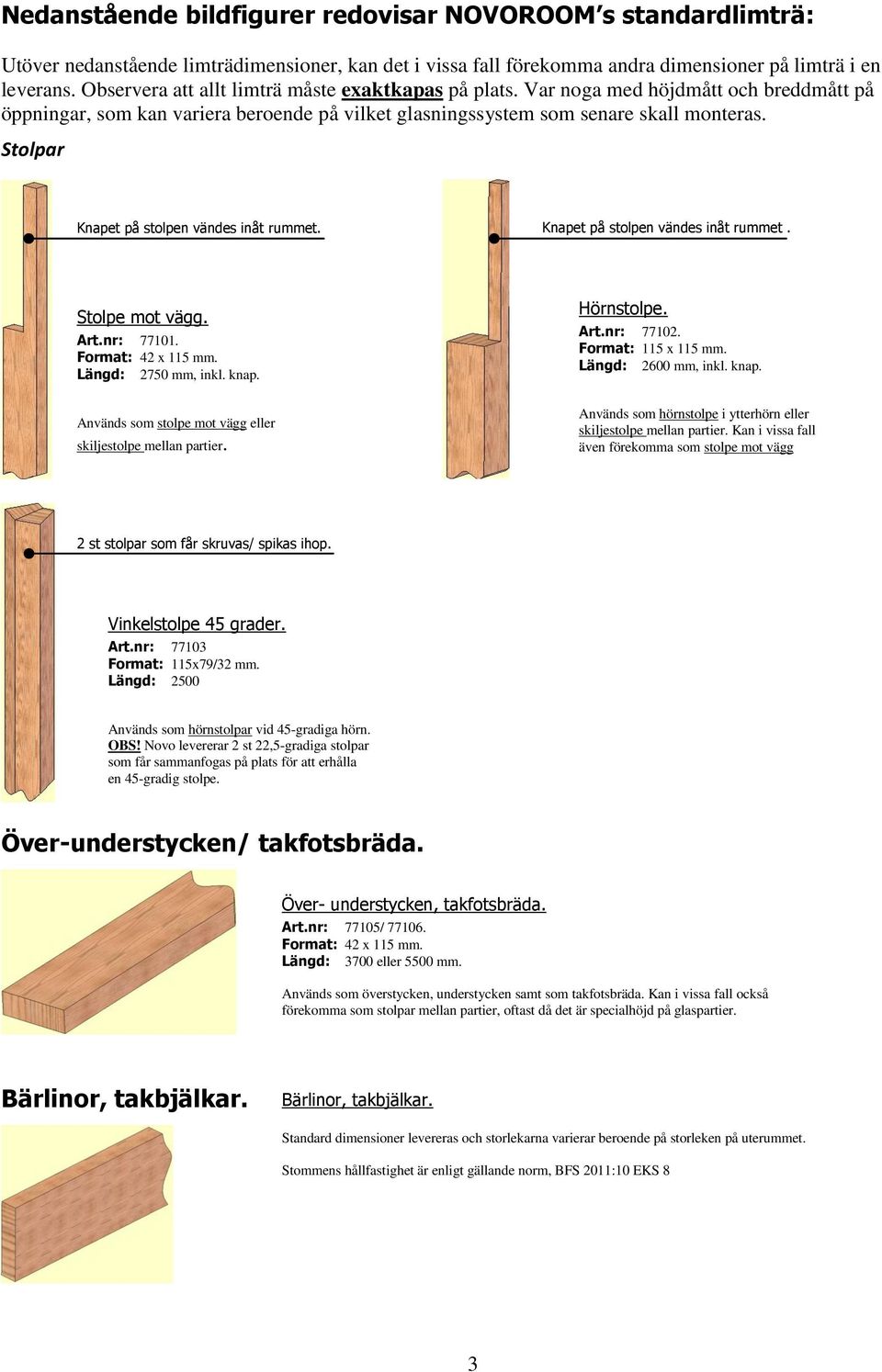 Stolpar Knapet på stolpen vändes inåt rummet. Knapet på stolpen vändes inåt rummet. Stolpe mot vägg. Art.nr: 77101. Format: 42 x 115 mm. Längd: 2750 mm, inkl. knap.