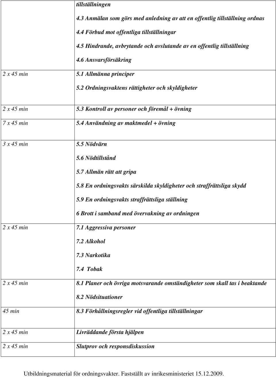 3 Kontroll av personer och föremål + övning 7 x 45 min 5.4 Användning av maktmedel + övning 3 x 45 min 5.5 Nödvärn 5.6 Nödtillstånd 5.7 Allmän rätt att gripa 5.
