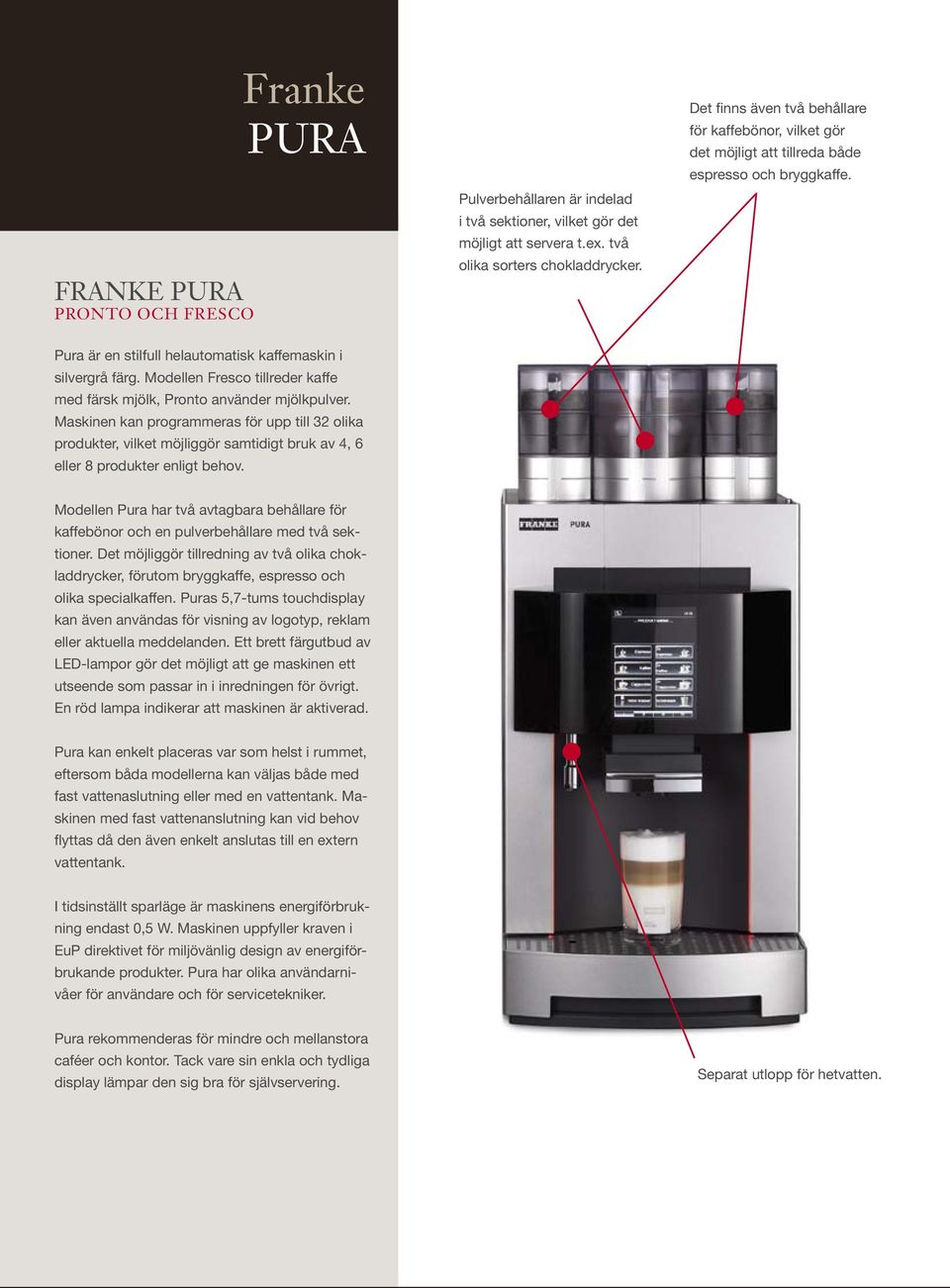 Modellen Fresco tillreder kaffe med färsk mjölk, Pronto använder mjölkpulver.