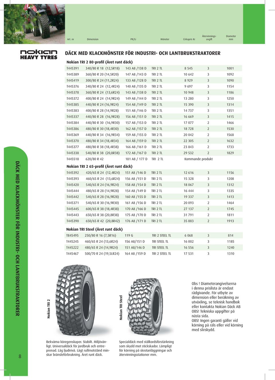 133 A8 /128 TRI 2 TL 8 929 3 1090 T445376 340/80 R 24 (12,4R24) 140 A8 /135 TRI 2 TL 9 697 3 1154 T445378 360/80 R 24 (13,6R24) 143 A8 /138 TRI 2 TL 10 948 3 1186 T445372 400/80 R 24 (14,9R24) 149 A8