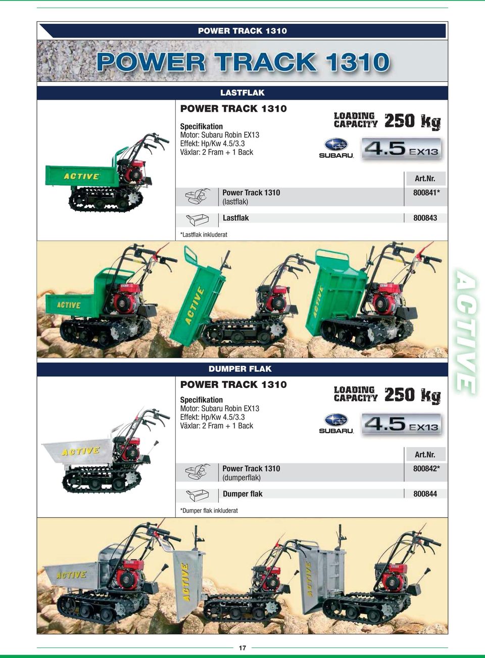 800843 DUMPER FLAK POWER TRACK 1310 Motor: Subaru Robin EX13 Effekt: Hp/Kw 4.5/3.