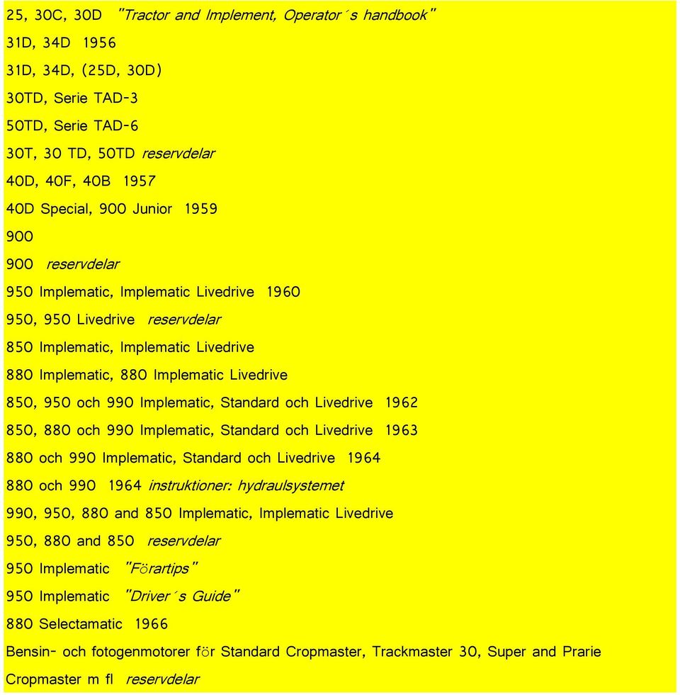 Implematic, Standard och Livedrive 1962 850, 880 och 990 Implematic, Standard och Livedrive 1963 880 och 990 Implematic, Standard och Livedrive 1964 880 och 990 1964 instruktioner: hydraulsystemet