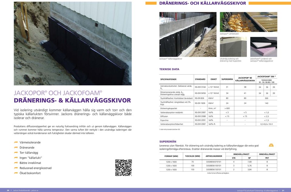 källarväggen hålla sig varm och torr och den typiska källarlukten försvinner. Jackons dränerings- och källarväggskivor både isolerar och dränerar.