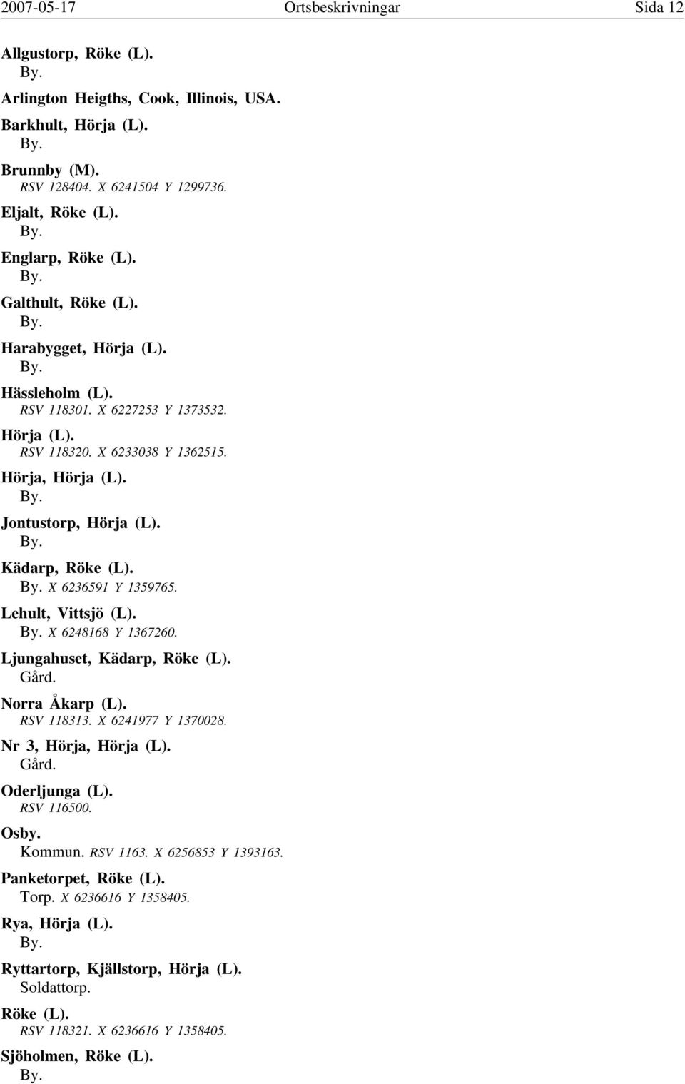 Kädarp, Röke (L). X 6236591 Y 1359765. Lehult, Vittsjö (L). X 6248168 Y 1367260. Ljungahuset, Kädarp, Röke (L). Gård. Norra Åkarp (L). RSV 118313. X 6241977 Y 1370028. Nr 3, Hörja, Hörja (L). Gård. Oderljunga (L).