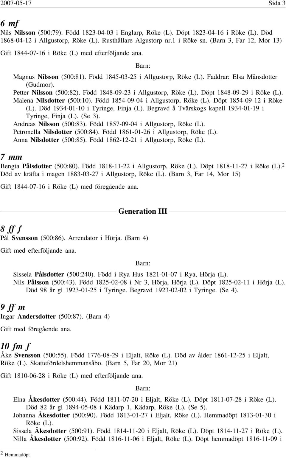 Född 1848-09-23 i Allgustorp, Röke (L). Döpt 1848-09-29 i Röke (L). Malena Nilsdotter (500:10). Född 1854-09-04 i Allgustorp, Röke (L). Döpt 1854-09-12 i Röke (L). Död 1934-01-10 i Tyringe, Finja (L).