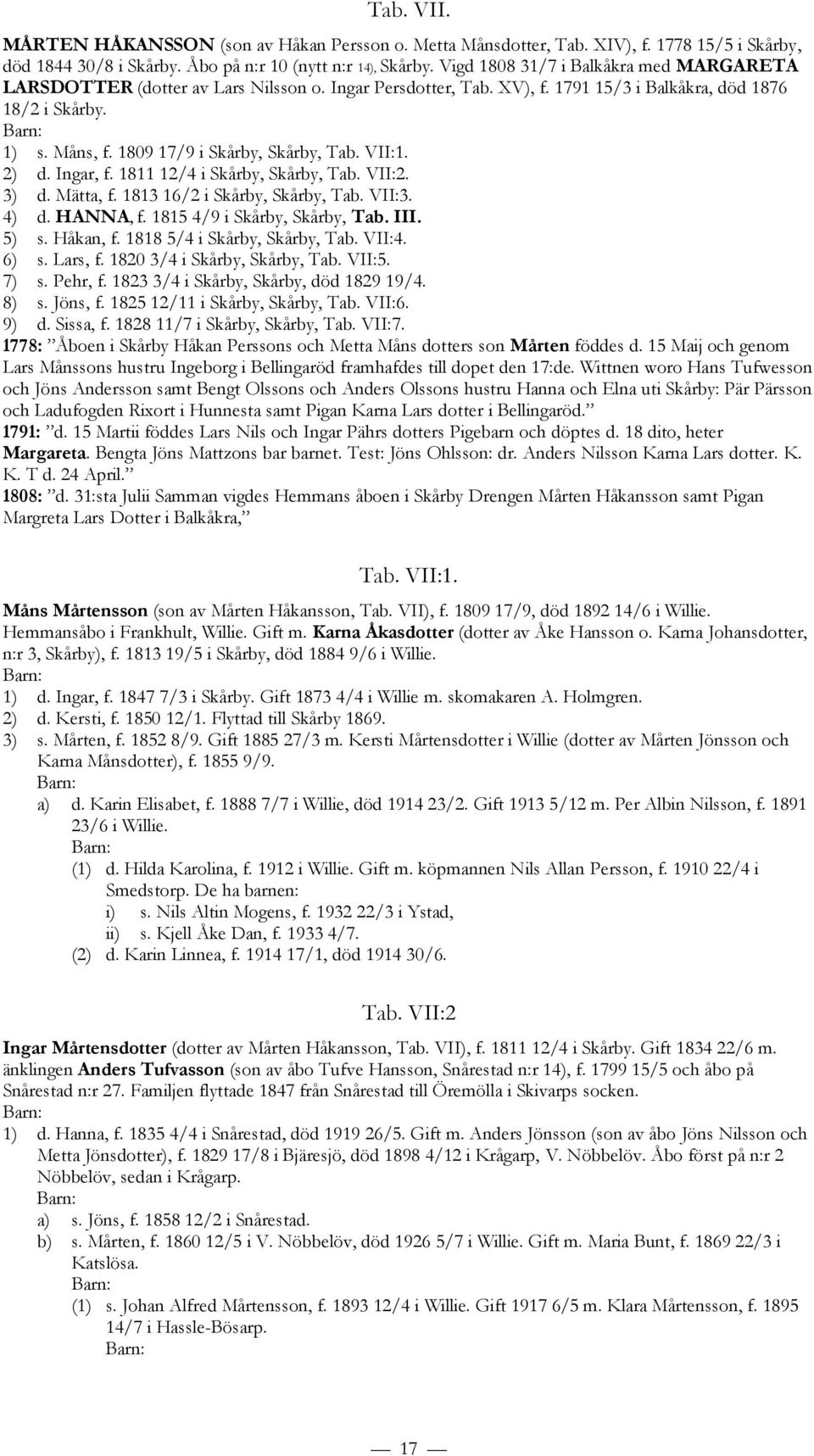 1809 17/9 i Skårby, Skårby, Tab. VII:1. 2) d. Ingar, f. 1811 12/4 i Skårby, Skårby, Tab. VII:2. 3) d. Mätta, f. 1813 16/2 i Skårby, Skårby, Tab. VII:3. 4) d. HANNA, f. 1815 4/9 i Skårby, Skårby, Tab.