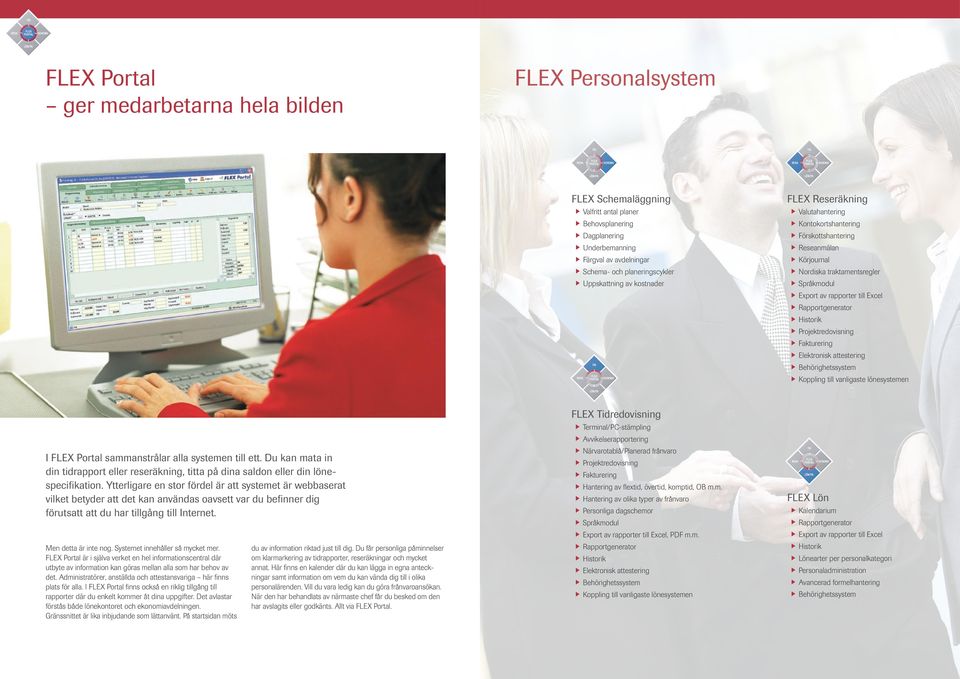 rapporter till Excel 4Rapportgenerator 4Historik 4Projektredovisning 4Fakturering 4Elektronisk attestering 4Behörighetssystem 4Koppling till vanligaste lönesystemen I FLEX Portal sammanstrålar alla