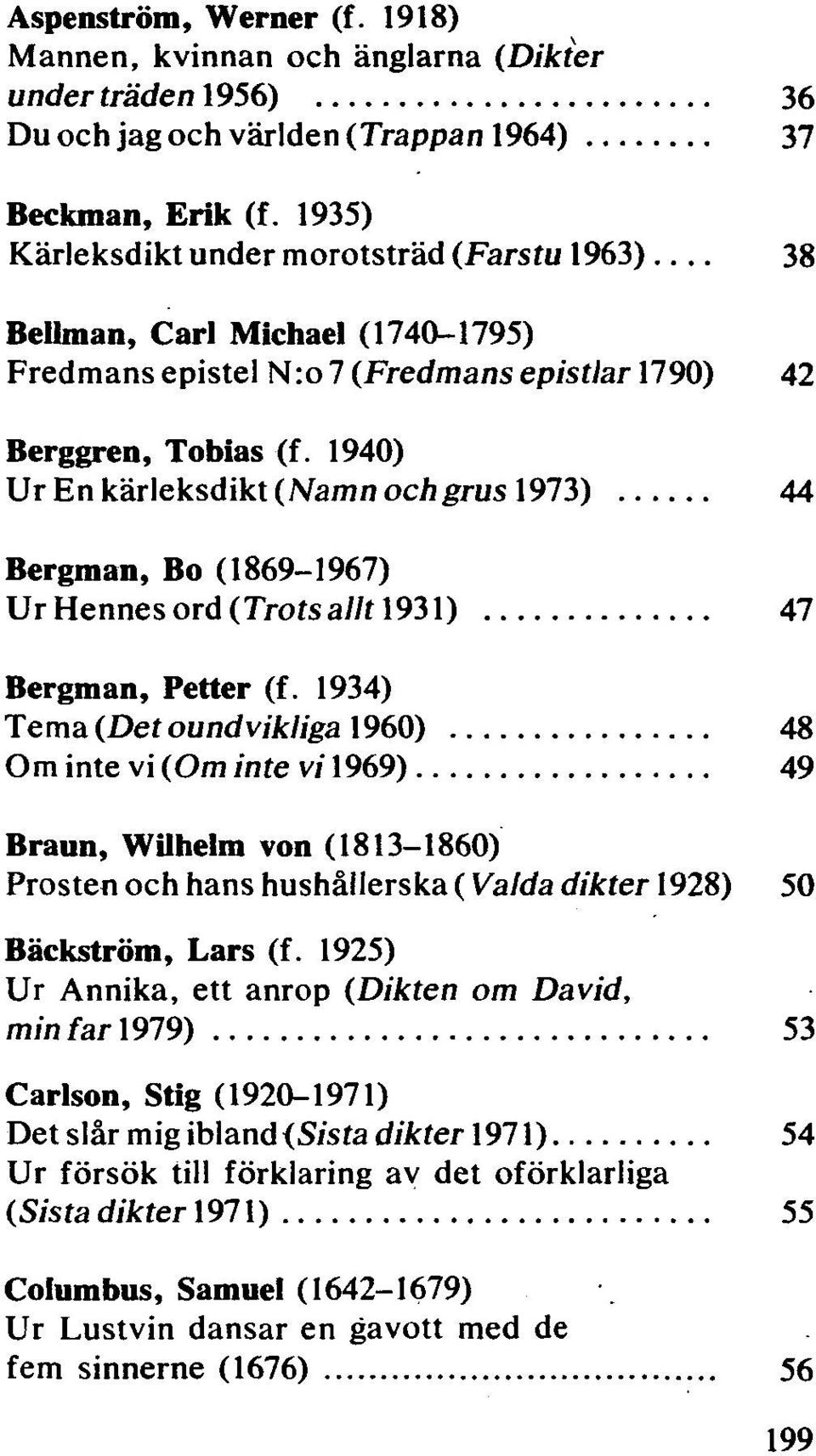 1940) Ur En kärleksdikt (Namn och grus 1973) 44 Bergman, Bo (1869-1967) Ur Hennes ord (Trotsallt 1931) 47 Bergman, Petter (f.