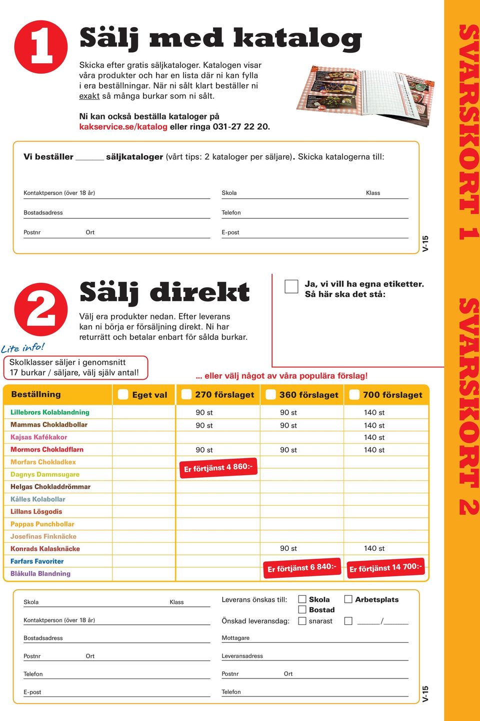 Vi beställer säljkataloger (vårt tips: 2 kataloger per säljare). Skicka katalogerna till: 2 Lite info! Ort Skolklasser säljer i genomsnitt 17 burkar / säljare, välj själv antal!