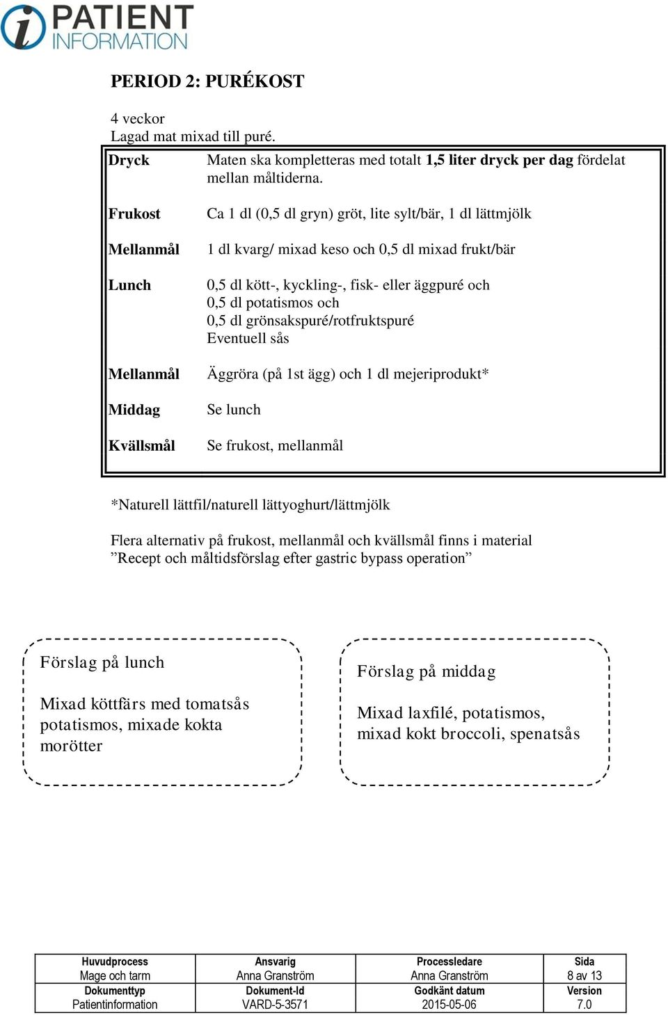 potatismos och 0,5 dl grönsakspuré/rotfruktspuré Eventuell sås Äggröra (på 1st ägg) och 1 dl mejeriprodukt* Se lunch Se frukost, mellanmål *Naturell lättfil/naturell lättyoghurt/lättmjölk Flera