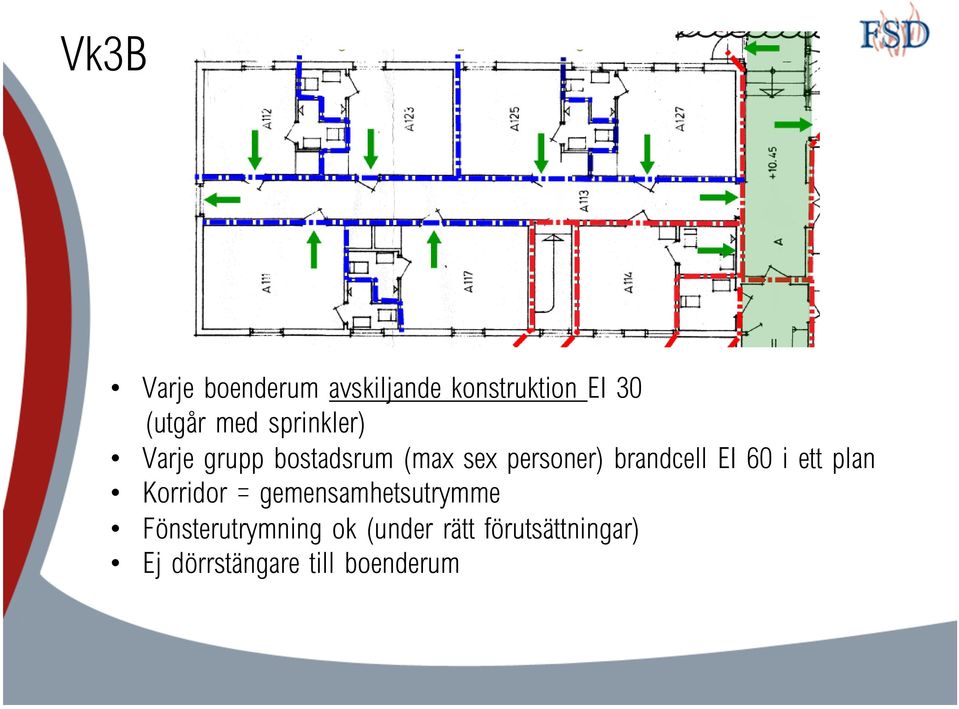 EI 60 i ett plan Korridor = gemensamhetsutrymme