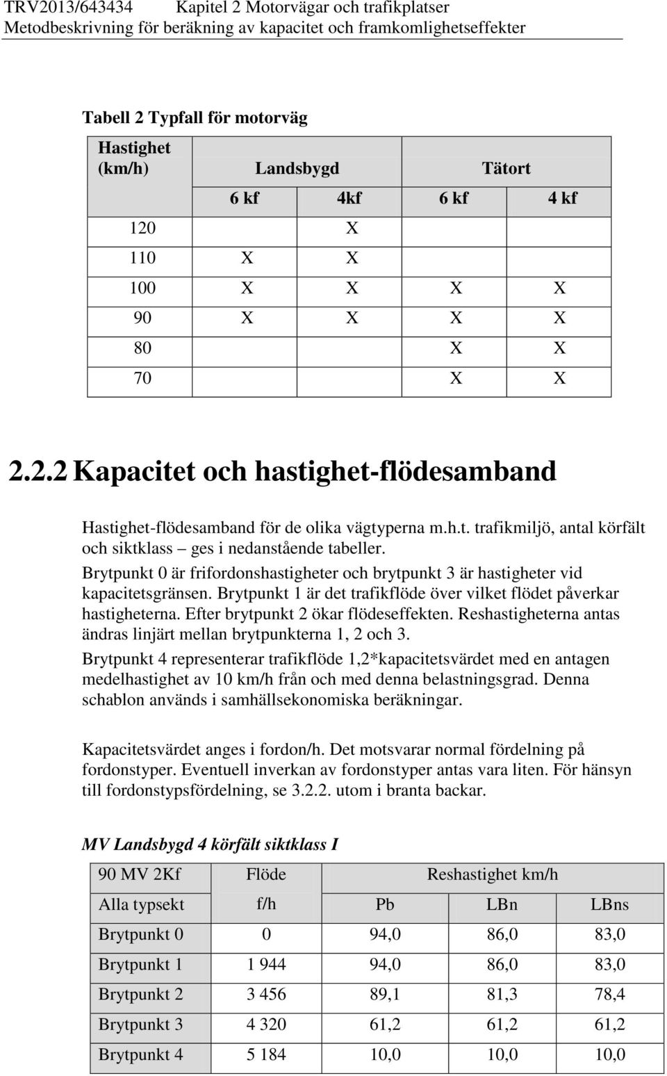 Brytpunkt 0 är frifordonshastigheter och brytpunkt 3 är hastigheter vid kapacitetsgränsen. Brytpunkt 1 är det trafikflöde över vilket flödet påverkar hastigheterna.