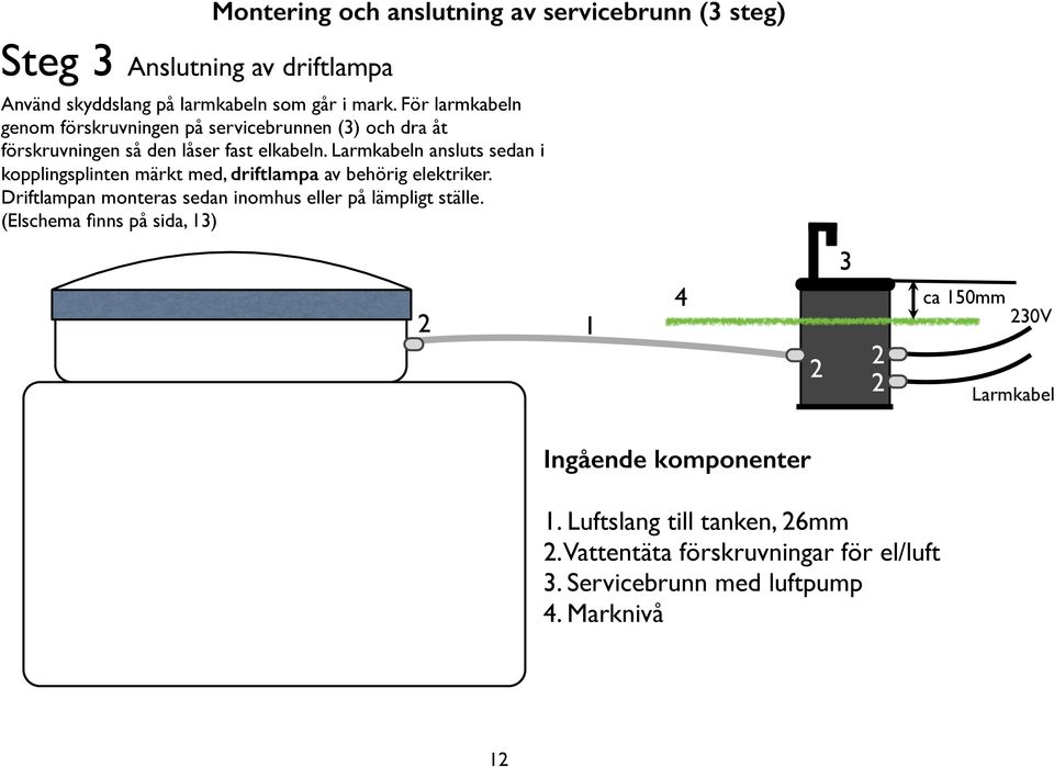 Larmkabeln ansluts sedan i kopplingsplinten märkt med, driftlampa av behörig elektriker.