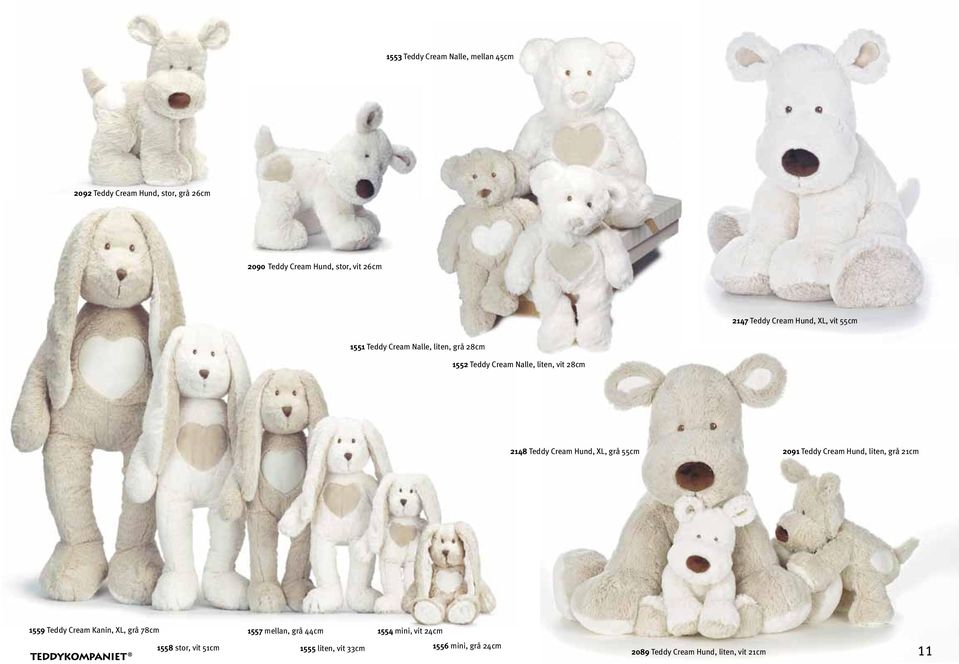 Teddy Cream Hund, XL, grå 55cm 2091 Teddy Cream Hund, liten, grå 21cm 1559 Teddy Cream Kanin, XL, grå 78cm 1557 mellan,