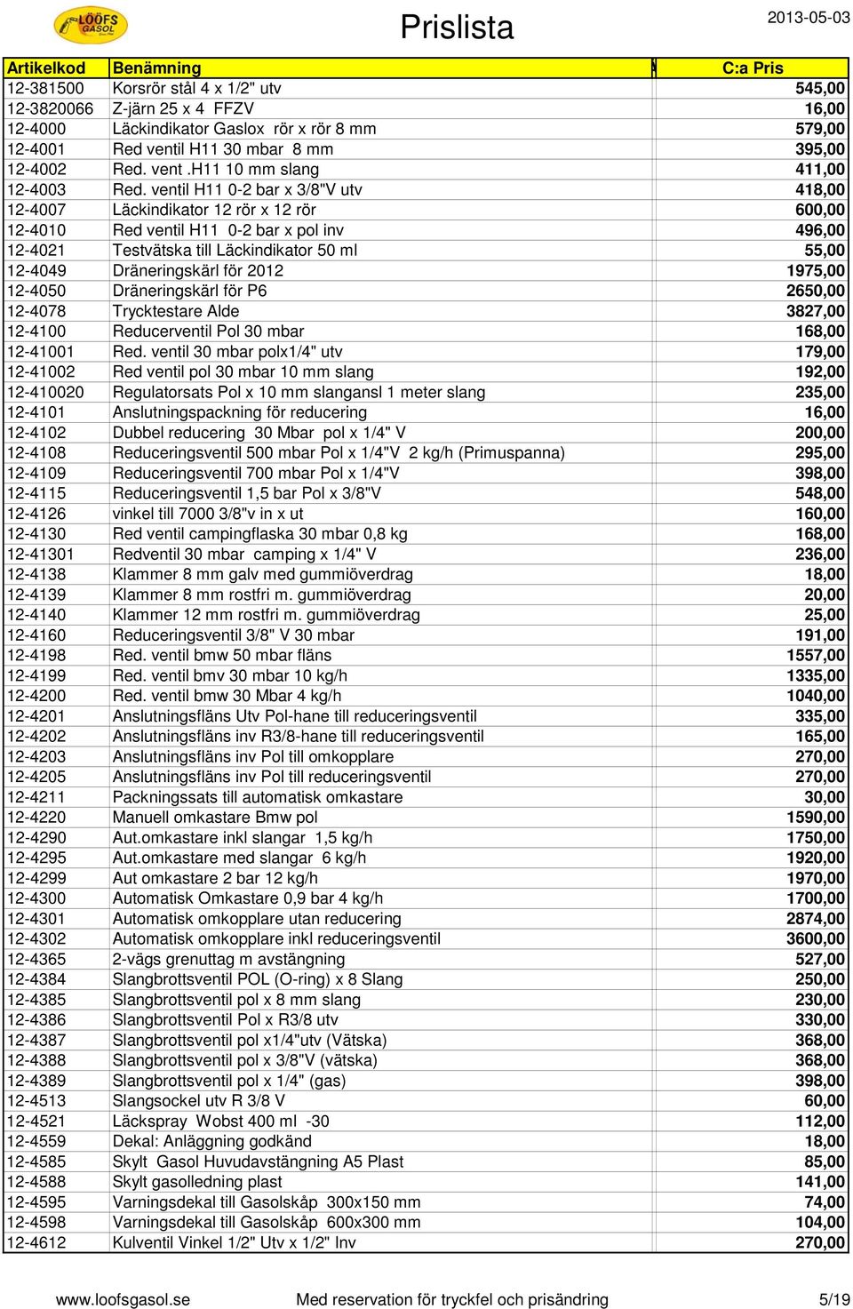 Dräneringskärl för 2012 1975,00 12-4050 Dräneringskärl för P6 2650,00 12-4078 Trycktestare Alde 3827,00 12-4100 Reducerventil Pol 30 mbar 168,00 12-41001 Red.