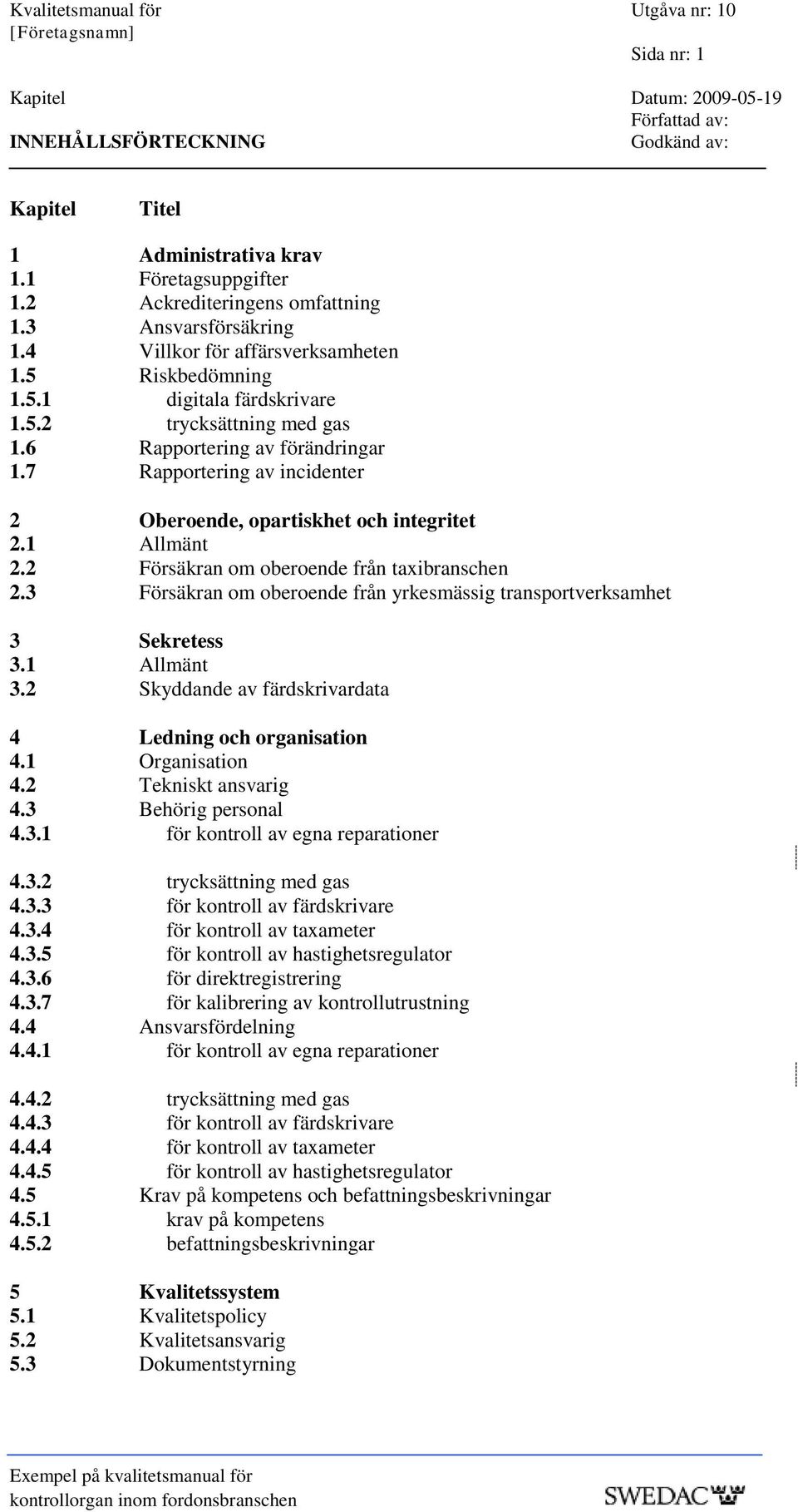 7 Rapportering av incidenter 2 Oberoende, opartiskhet och integritet 2.1 Allmänt 2.2 Försäkran om oberoende från taxibranschen 2.