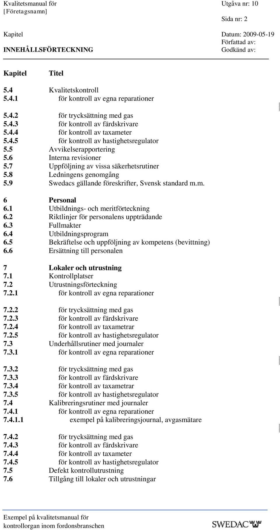 8 Ledningens genomgång 5.9 Swedacs gällande föreskrifter, Svensk standard m.m. 6 Personal 6.1 Utbildnings- och meritförteckning 6.2 Riktlinjer för personalens uppträdande 6.3 Fullmakter 6.