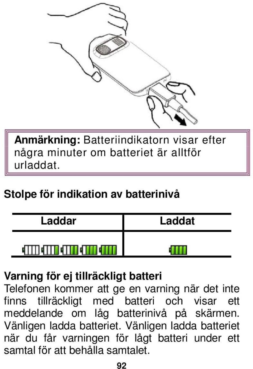 en varning när det inte finns tillräckligt med batteri och visar ett meddelande om låg batterinivå på skärmen.