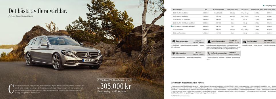 620 kr C 220 BlueTEC 4MATIC aut. FleetEdition 374.000 kr 204/500 (5,0) (131 g) 2.700 kr 4.760 kr C 300 BlueTEC HYBRID aut. FleetEdition 389.000 kr 204/500 (3,8) (99 g) 2.525 kr 5.