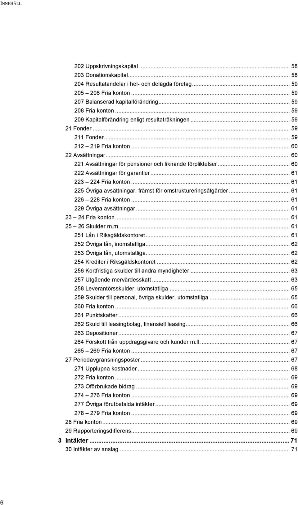 .. 60 222 Avsättningar för garantier... 61 223 224 Fria konton... 61 225 Övriga avsättningar, främst för omstruktureringsåtgärder... 61 226 228 Fria konton... 61 229 Övriga avsättningar.