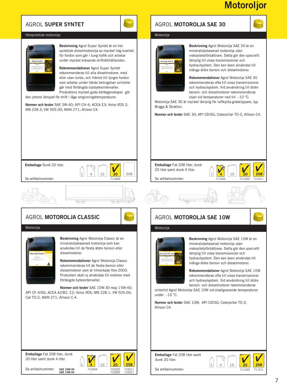 Rekommendationer Agrol Super Syntet rekommenderas till alla dieselmotorer, med eller utan turbo, och främst till tyngre fordon som arbetar under hårda betingelser och/eller går med förlängda
