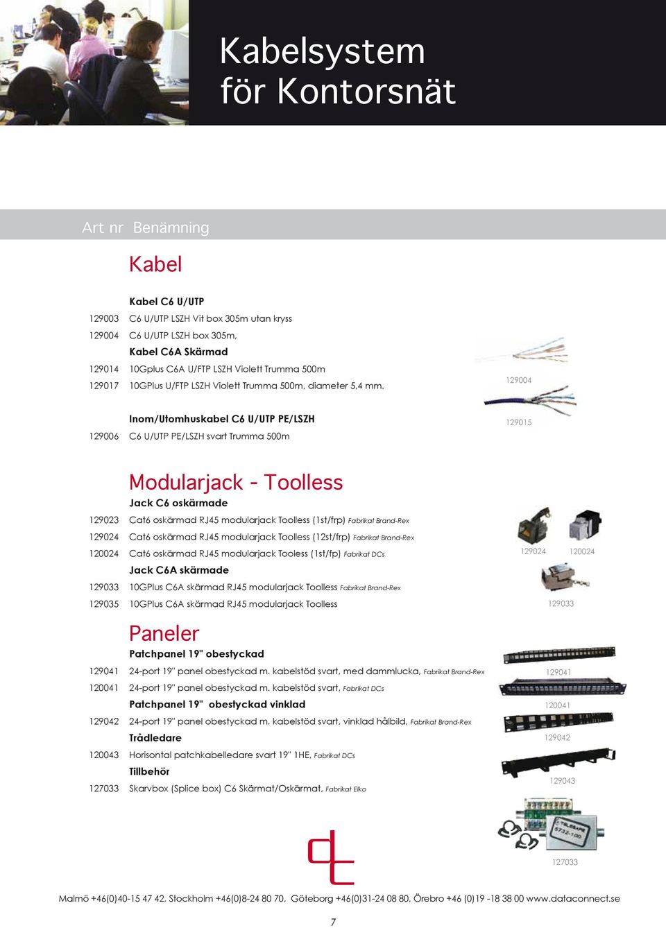 129004 Inom/Utomhuskabel C6 U/UTP PE/LSZH 129006 C6 U/UTP PE/LSZH svart Trumma 500m 129015 Modularjack - Toolless Jack C6 oskärmade 129023 Cat6 oskärmad RJ45 modularjack Toolless (1st/frp) Fabrikat