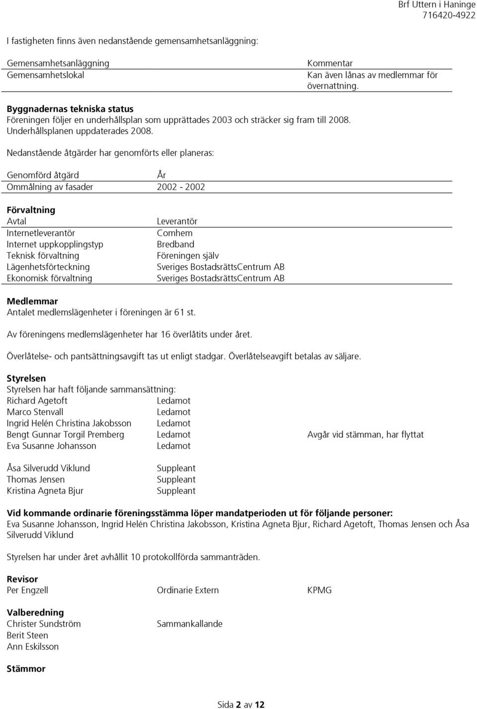 Nedanstående åtgärder har genomförts eller planeras: Genomförd åtgärd År Ommålning av fasader 2002-2002 Förvaltning Avtal Internetleverantör Internet uppkopplingstyp Teknisk förvaltning