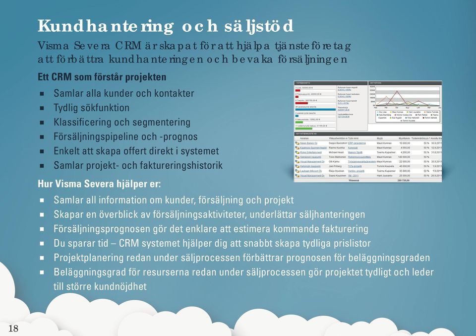 hjälper er: Samlar all information om kunder, försäljning och projekt Skapar en överblick av försäljningsaktiviteter, underlättar säljhanteringen Försäljningsprognosen gör det enklare att estimera