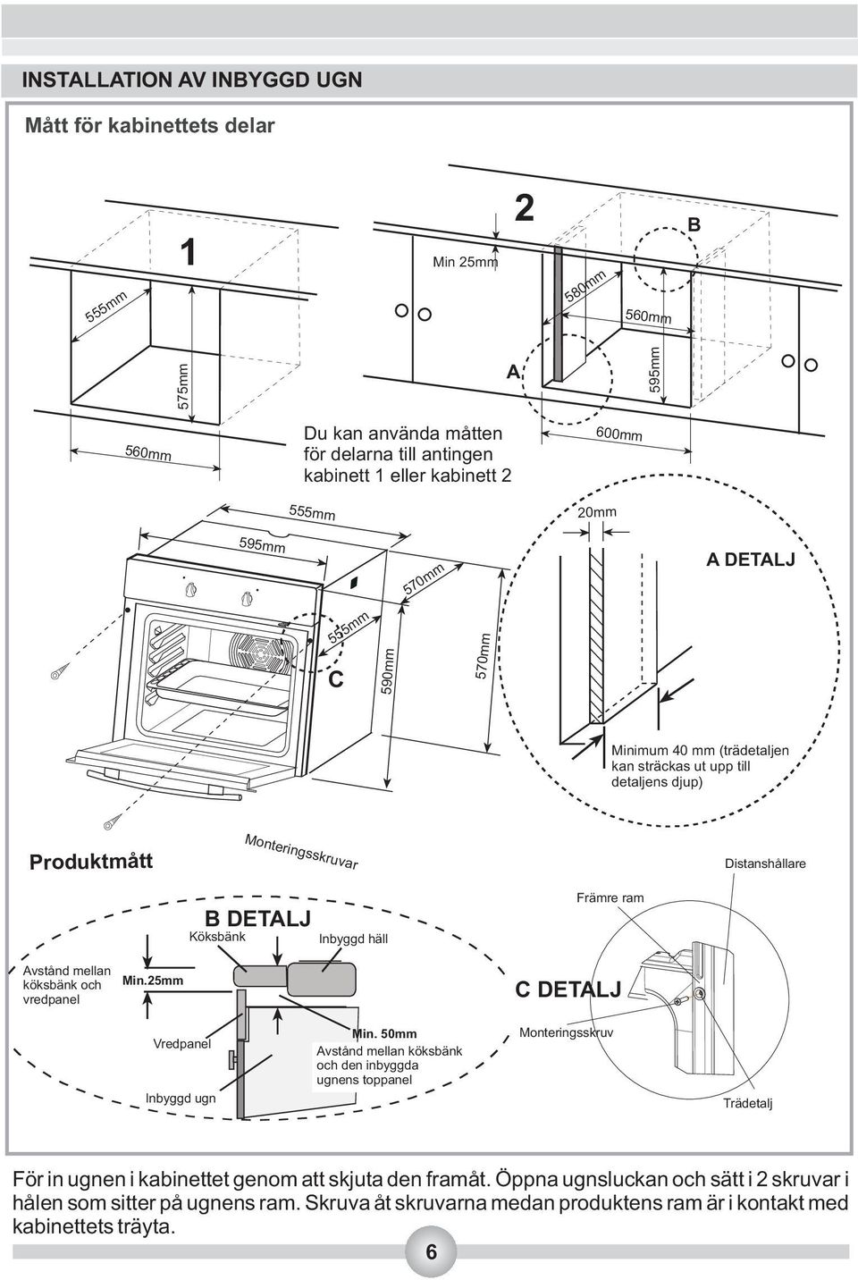 häll Främre ram Avstånd mellan köksbänk och vredpanel Min.25mm C DETALJ Vredpanel Inbyggd ugn Min.