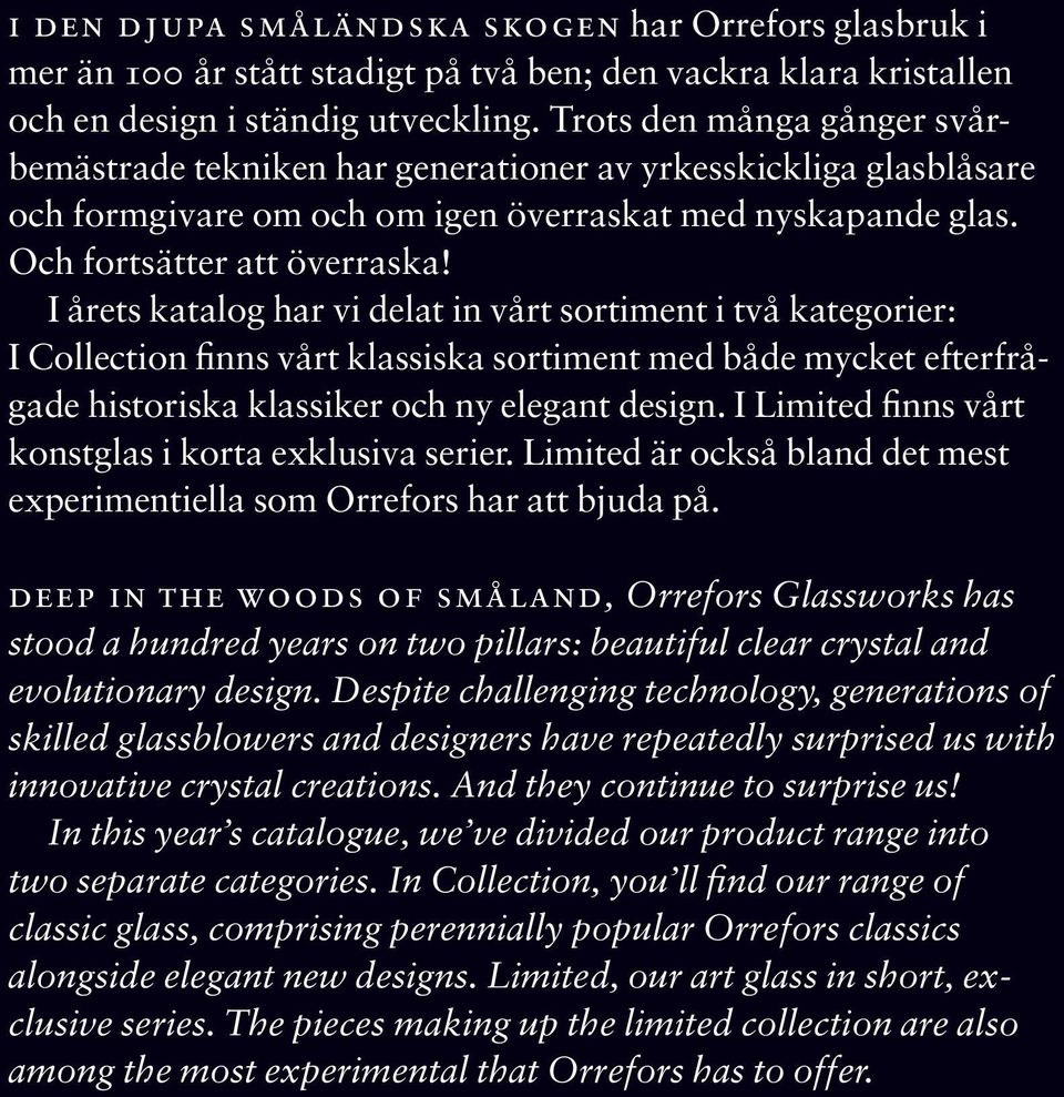 I årets katalog har vi delat in vårt sortiment i två kategorier: I Collection finns vårt klassiska sortiment med både mycket efterfrågade historiska klassiker och ny elegant design.