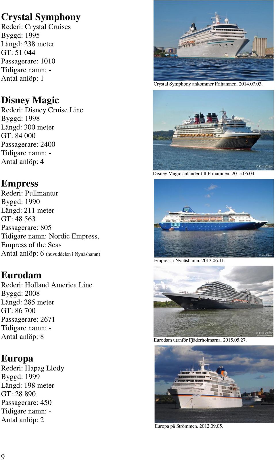 Tidigare namn: Nordic Empress, Empress of the Seas Antal anlöp: 6 (huvuddelen i Nynäshamn) Eurodam Rederi: Holland America Line Byggd: 2008 Längd: 285 meter GT: 86 700 Passagerare: 2671 Antal