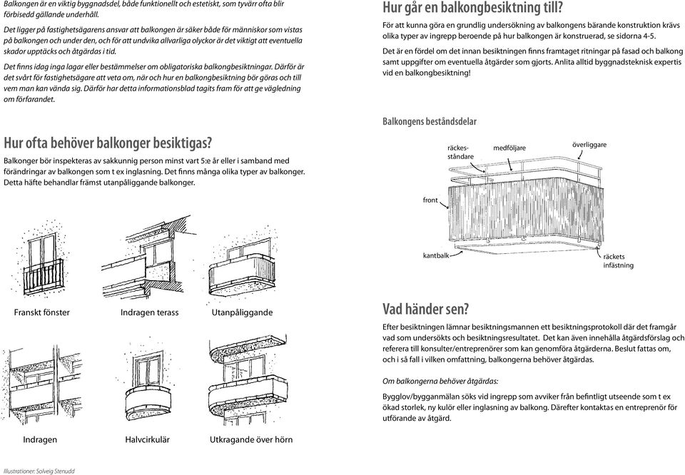 upptäcks och åtgärdas i tid. Det finns idag inga lagar eller bestämmelser om obligatoriska balkongbesiktningar.