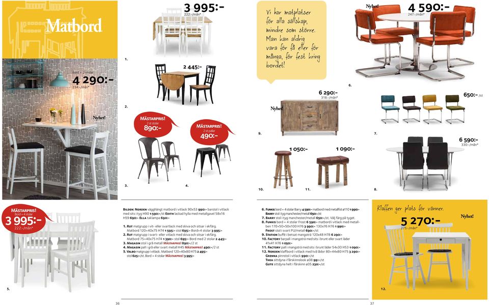 1 Bord + 4 stolar 3 995:- 222:-/mån* Bilden: Norden vägghängt matbord i vitlack 90x53 990:- barstol i vitlack med sits i tyg H90 1 590:-/st Edith lackad hylla med metallgavel 58x16 H59 690:- Ella