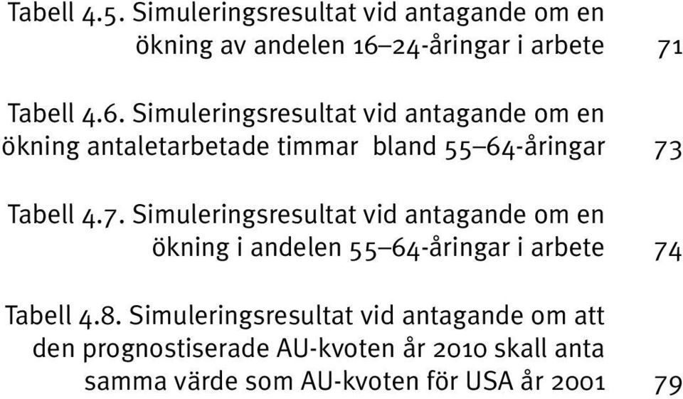 Simuleringsresultat vid antagande om en ökning antaletarbetade timmar bland 55 64-åringar 73