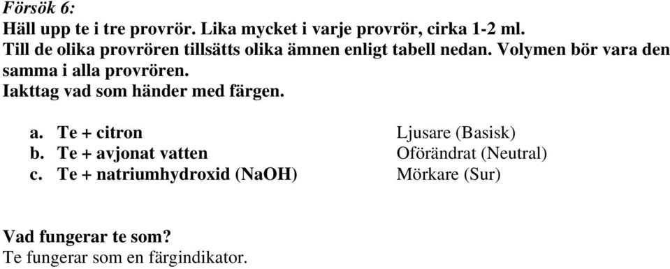 Volymen bör vara den samma i alla provrören. Iakttag vad som händer med färgen. a. Te + citron Ljusare (Basisk) b.