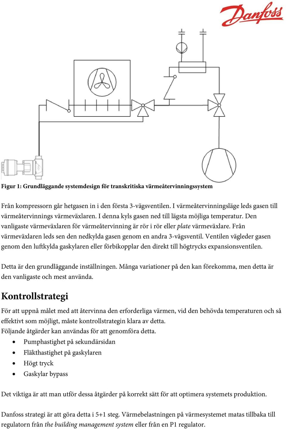 Den vanligaste värmeväxlaren för värmeåtervinning är rör i rör eller plate värmeväxlare. Från värmeväxlaren leds sen den nedkylda gasen genom en andra 3-vägsventil.