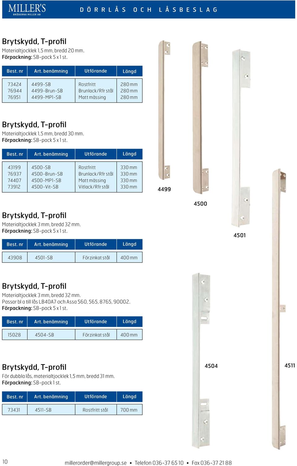 Längd 43199 4500-SB Rostfritt 330 mm 76937 4500-Brun-SB Brunlack/Rfr stål 330 mm 74407 4500-MP1-SB Matt mässing 330 mm 73912 4500-Vit-SB Vitlack/Rfr stål 330 mm 4499 4500 Brytskydd, T-profil