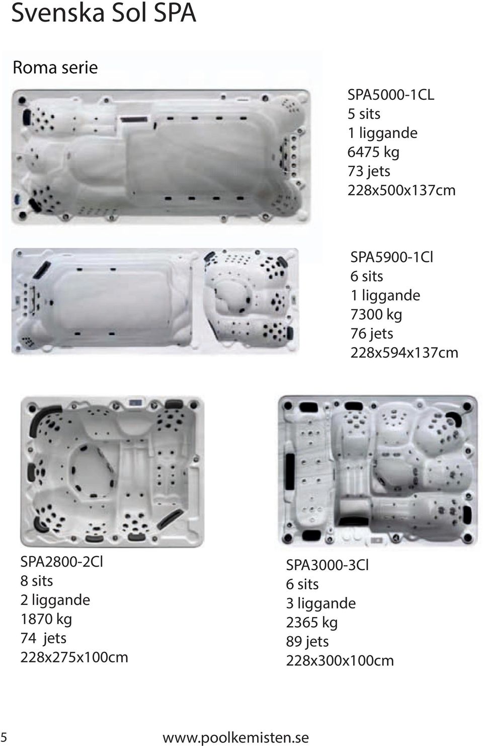 228x594x137cm SPA2800-2Cl 8 sits 2 liggande 1870 kg 74 jets