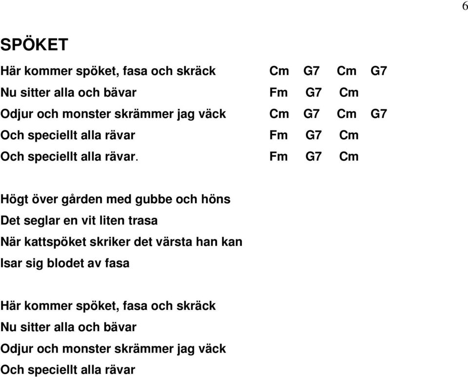 Fm G7 Cm Högt över gården med gubbe och höns Det seglar en vit liten trasa När kattspöket skriker det värsta han