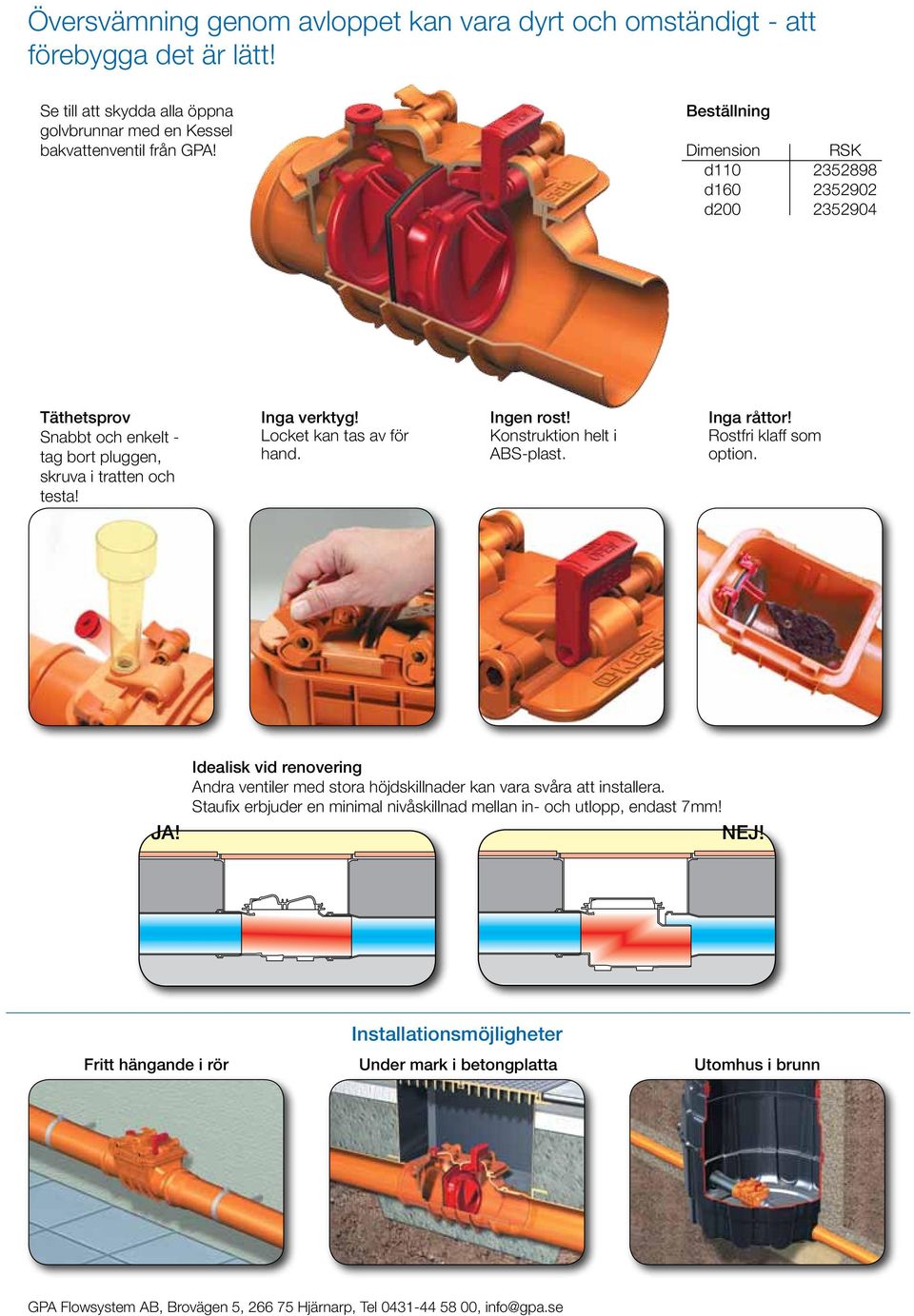Konstruktion helt i ABS-plast. Inga råttor! Rostfri klaff som option. JA! Idealisk vid renovering Andra ventiler med stora höjdskillnader kan vara svåra att installera.