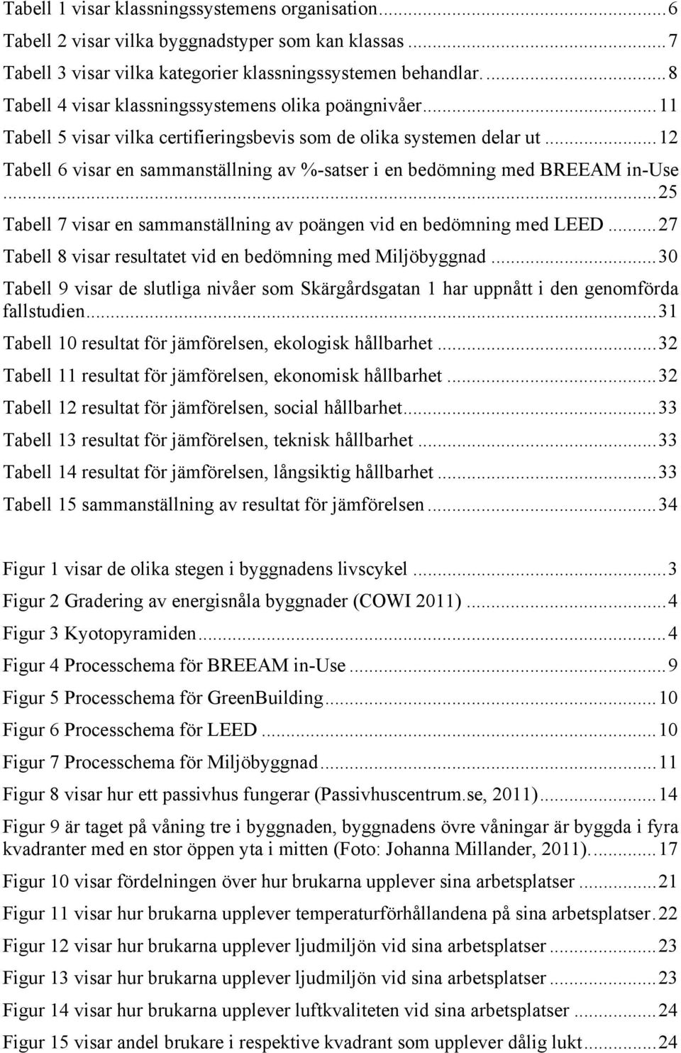 .. 12 Tabell 6 visar en sammanställning av %-satser i en bedömning med BREEAM in-use... 25 Tabell 7 visar en sammanställning av poängen vid en bedömning med LEED.