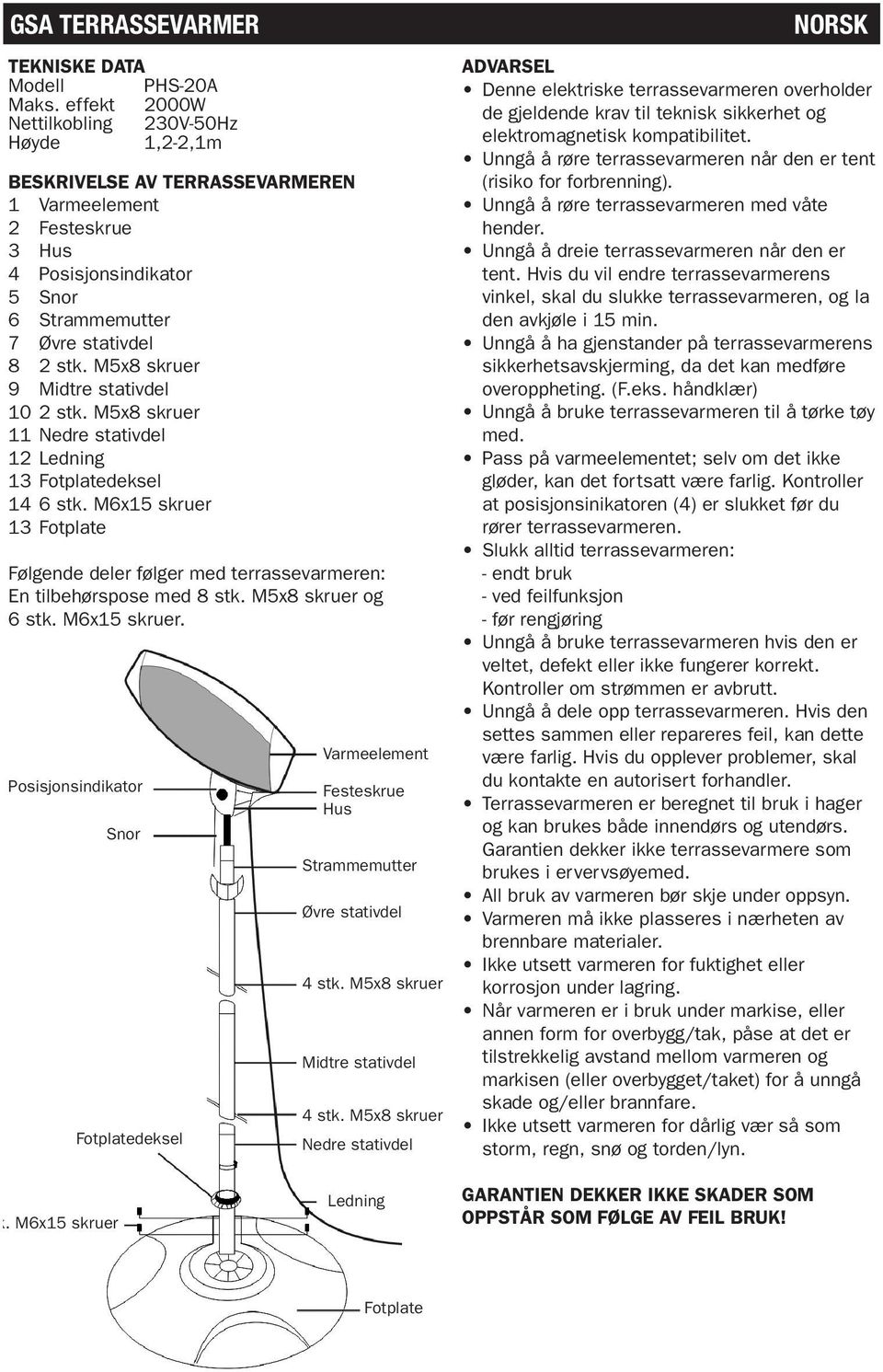 M5x8 skruer 9 Midtre 10 2 stk. M5x8 skruer 11 12 13 deksel 14 6 stk. M6x15 skruer 13 Følgende deler følger med terrassevarmeren: En tilbehørspose med 8 stk. M5x8 skruer og 6 stk. M6x15 skruer. Posisjonsindikator Snor deksel Varmeelement Festeskrue Hus Strammemutter Øvre 4 stk.