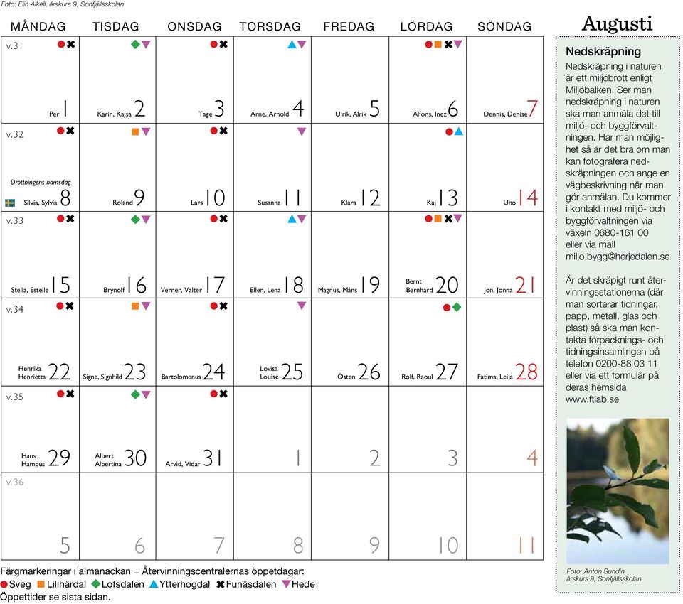 34 v.35 Per Karin, Kajsa Tage Arne, Arnold Ulrik, Alrik Alfons, Inez Dennis, Denise Lovisa 22 23 24 25 26 27 28 Henrika Henrietta Signe, Signhild Bartolomenus Louise Östen Rolf, Raoul Fatima, Leila