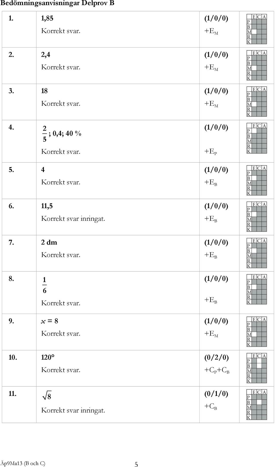 11,5 Korrekt svar inringat. (1/0/0) +E B 7. 2 dm (1/0/0) +E B 8. 1 6 9.