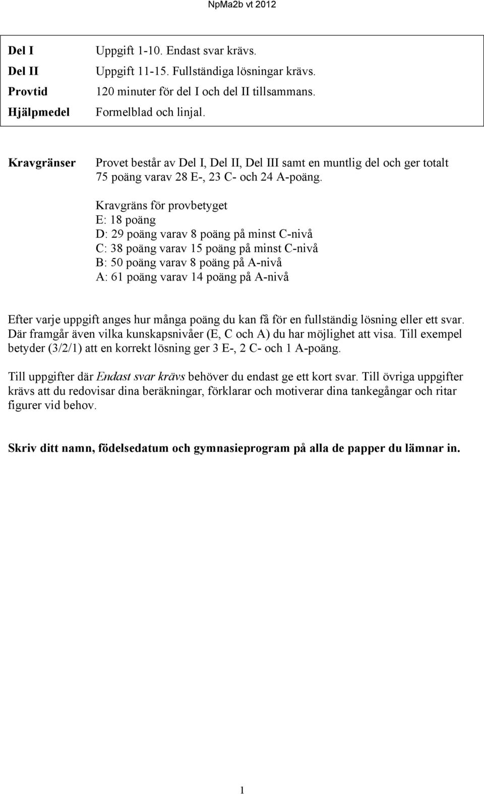 Kravgräns för provbetyget E: 18 poäng D: 9 poäng varav 8 poäng på minst C-nivå C: 38 poäng varav 15 poäng på minst C-nivå B: 50 poäng varav 8 poäng på A-nivå A: 61 poäng varav 14 poäng på A-nivå