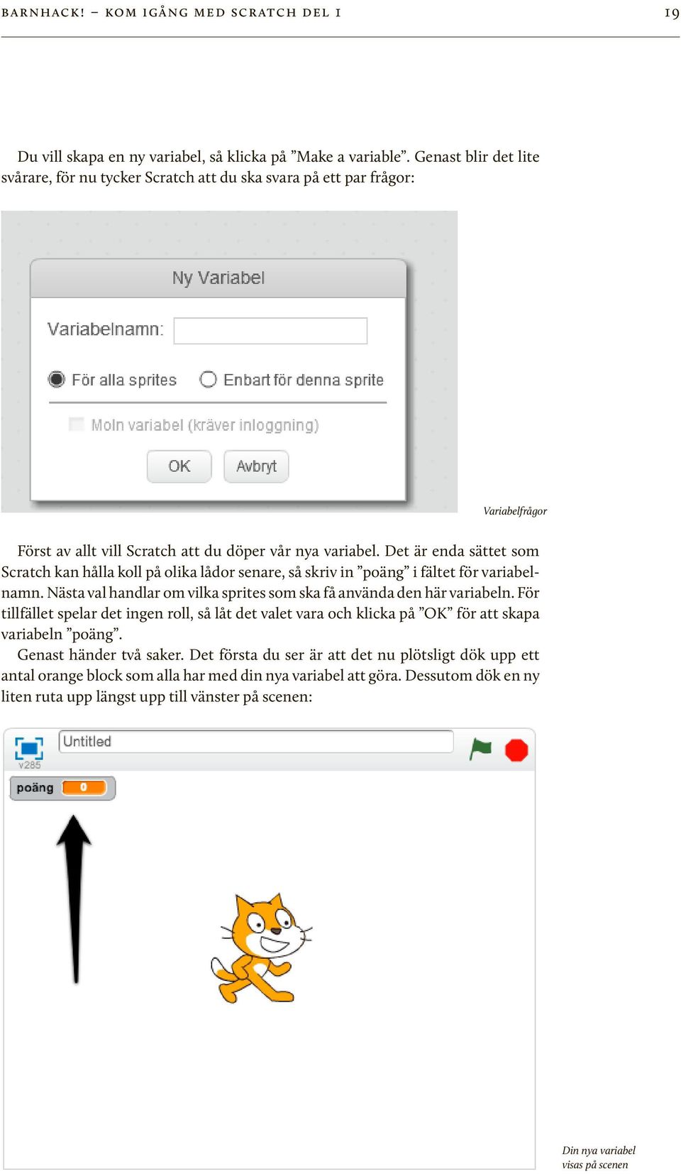 Det är enda sättet som Scratch kan hålla koll på olika lådor senare, så skriv in poäng i fältet för variabelnamn. Nästa val handlar om vilka sprites som ska få använda den här variabeln.