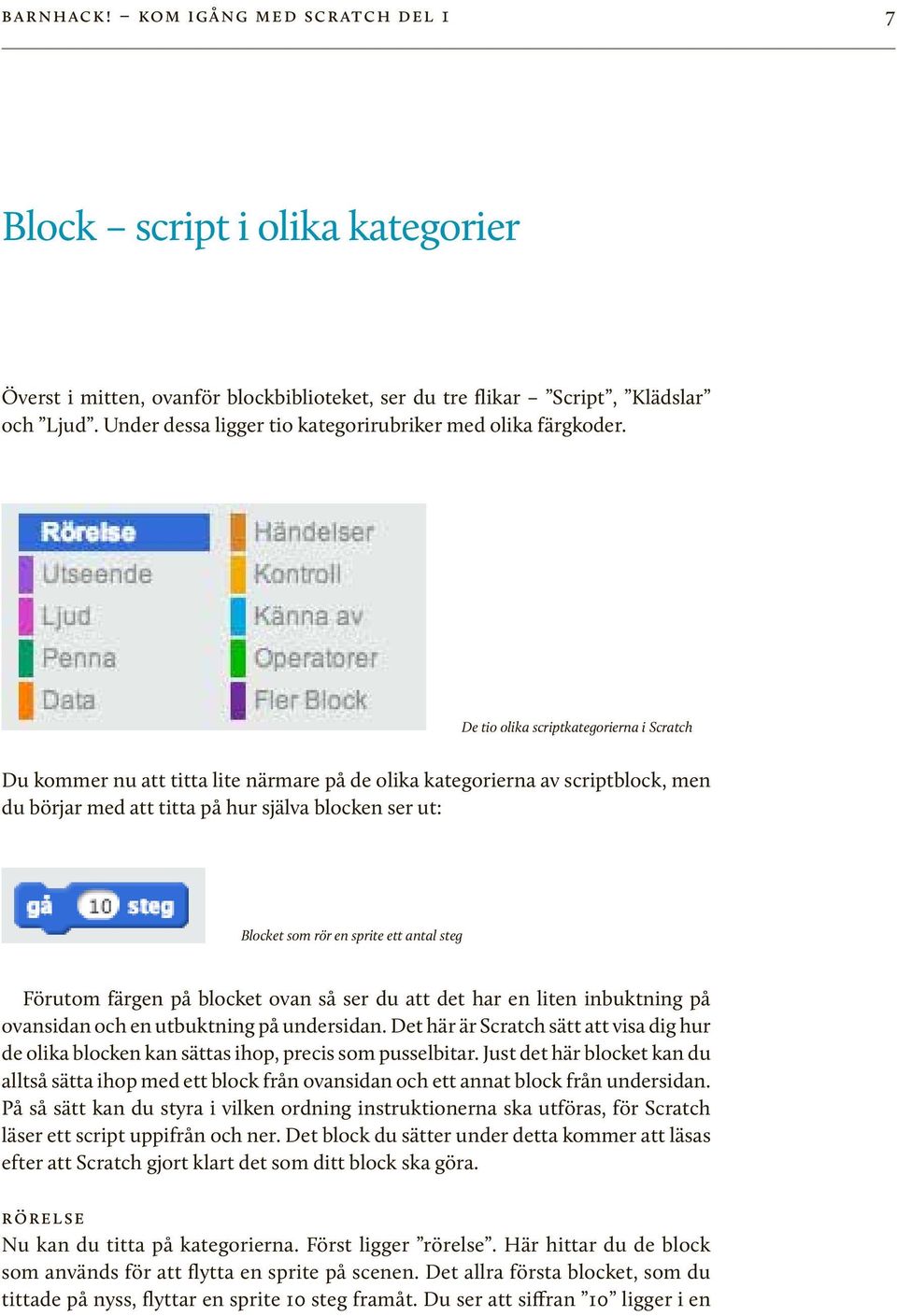 De tio olika scriptkategorierna i Scratch Du kommer nu att titta lite närmare på de olika kategorierna av scriptblock, men du börjar med att titta på hur själva blocken ser ut: Blocket som rör en